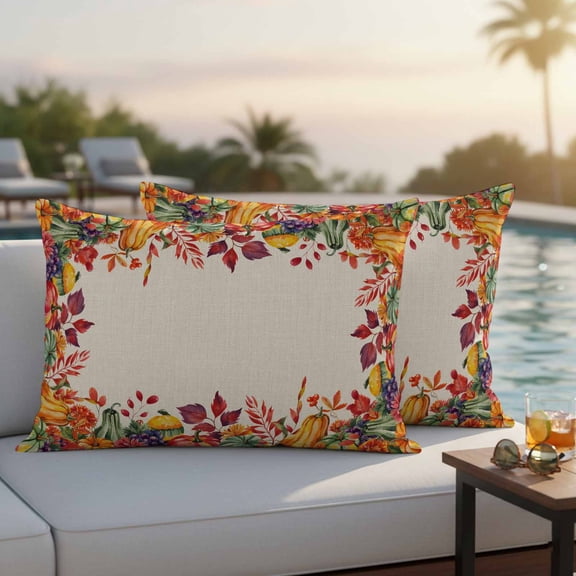 Fall Outdoor Pillow Covers 20x12 Inch Lumbar Pillow Covers Set of 2 Waterproof Decorative Throw Pillow Cases Thanksgiving Maple Leafes Fall Autumn Pumpkin Cushion Covers for Patio Furniture Garden