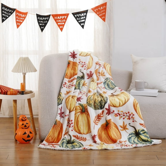 Fall Throw Blanket MapleLeafPumpkin Autumn Room Decor Orange Rust Maple Leaf Pumpkin Soft Warm Fleece Fuzzy Blanket for Couch Sofa Living Room Bedroom, 50"x60"