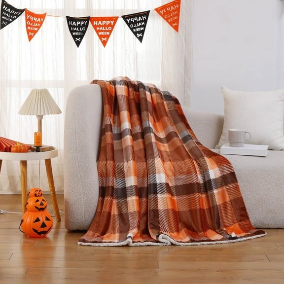 Fall Throw Blanket Plaid Autumn Checkered Room Decor Orange Rust Soft Warm Fleece Fuzzy Blanket for Couch Sofa Living Room Bedroom , 50"x60"