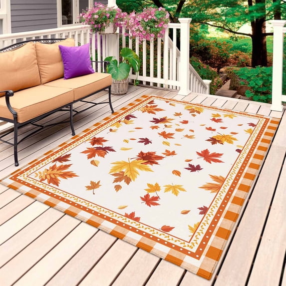 Fall Outdoor Rug 3x5 Ft, Non Slip Washable Area Rug, Thanksgiving Maple Leaf Autumn Orange Plaid Patio Rugs Carpet Runner, Large Floor Mat for Indoor/Outdoor Deck Porch Camping