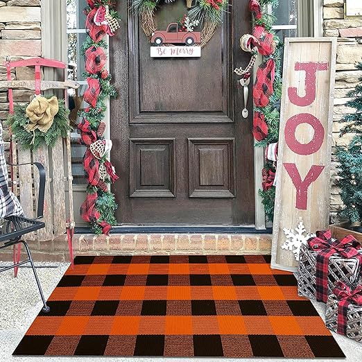 Fall Outdoor Rug Buffalo Plaid Orange and Black ,Washable Cotton Fall