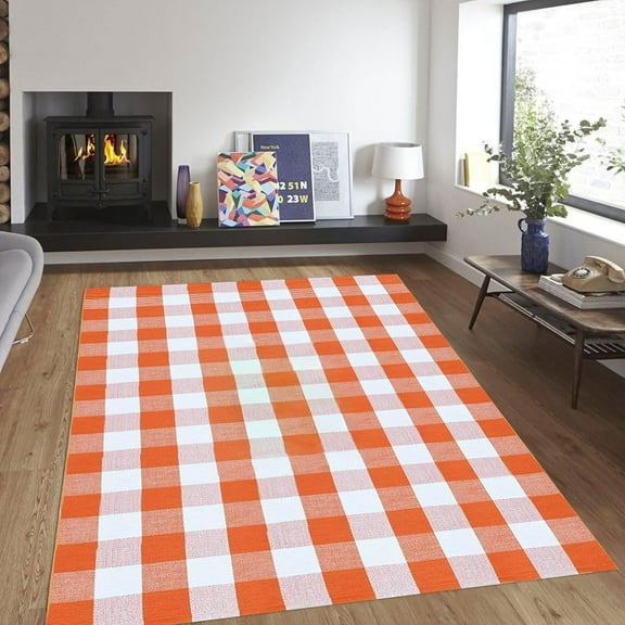 Fall Outdoor Rug Orange Buffalo Plaid Outdoor Rug Cotton Hand-Woven Buffalo Check Rug Layered Doormats for Front Door/Front Porch/Farmhouse/Entryway/Patio
