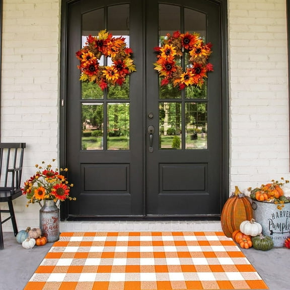 Fall Outdoor Rug Orange Buffalo Plaid Outdoor Rug Cotton Hand-Woven Buffalo Check Rug Layered Doormats for Front Door/Front Porch/Farmhouse/Entryway/Patio(Orange and White Plaid, 3' x 5')