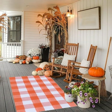 Fall Outdoor Rug Orange Plaid Outdoor Rug Hand-Woven Check Rug Layered Doormats For Front Door/Front Porch/Farmhouses/Entryway/Patio