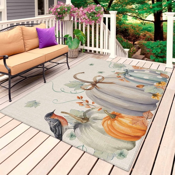 Fall Outdoor Rug for Patio/Deck/Porch, Non-Slip Large Area Rug 5 x 7 Ft, Orange Green Pumpkins Thanksgiving Bird Leaf Indoor Outdoor Rugs Washable Area Rugs, Reversible Camping Rug Carpet Runner