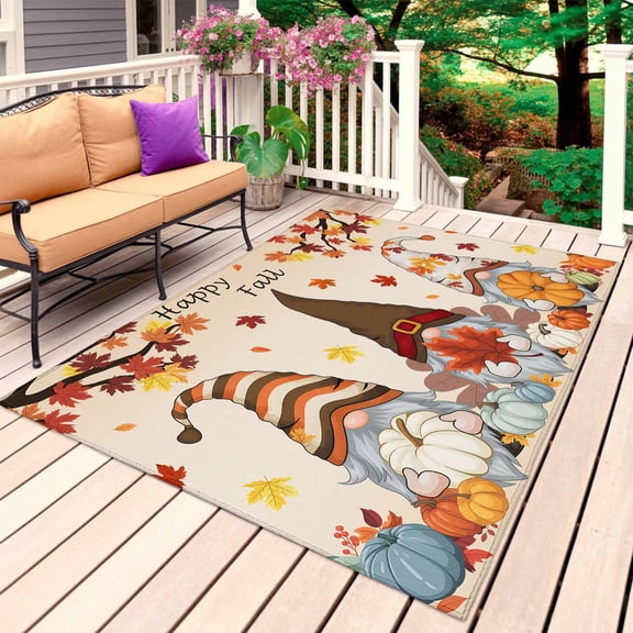 Fall Outdoor Rug for Patio/Deck/Porch, Non-Slip Large Area Rug 5 x 7 Ft, Orange Pumpkins Thanksgiving Gnomes Autumn Maple Leaf Indoor Outdoor Rugs Washable Area Rugs, Camping Rug Carpet Runner