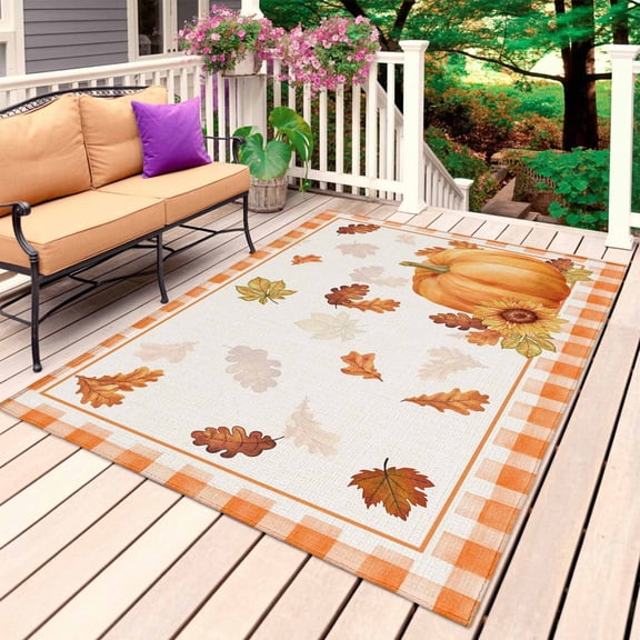 Fall Outdoor Rug for Patio/Deck/Porch, Non-Slip Large Area Rug 5 x 8 Ft, Orange Pumpkins Thanksgiving Maple Leaf Sunflower Plaid Indoor Outdoor Rugs Washable Area Rugs, Camping Rug Carpet Runner
