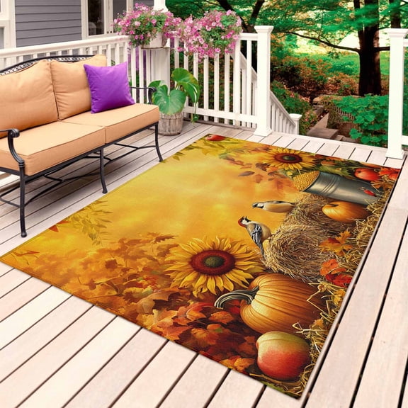 Fall Outdoor Rug for Patio/Deck/Porch, Non-Slip Large Area Rug 5 x 8 Ft, Thanksgiving Pumpkin Sunflower Maple Leaf Bird Indoor Outdoor Rugs Washable Area Rugs, Reversible Camping Rug Carpet Runner