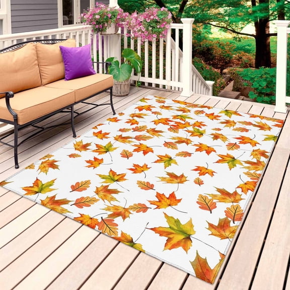 Fall Outdoor Rug for Patio/Deck/Porch, Non-Slip Large Area Rug 5 x 8 Ft, Thanksgiving Watercolor Orange Green Maple Leaf Indoor Outdoor Rugs Washable Area Rugs, Reversible Camping Rug Carpet Runner
