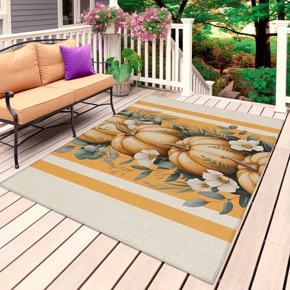 Fall Outdoor Rug for Patio/Deck/Porch, Non-Slip Large Area Rug 6 x 9 Ft, Orange Pumpkins Thanksgiving Autumn Stripe Flower Leaf Indoor Outdoor Rugs Washable Area Rugs, Camping Rug Carpet Runner
