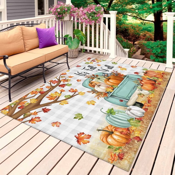 Fall Outdoor Rug for Patio/Deck/Porch, Non-Slip Large Area Rug 6 x 9 Ft, Thanksgiving Maple Leaf Branch Pumpkin Car Plaid Indoor Outdoor Rugs Washable Area Rugs, Reversible Camping Rug Carpet Runner