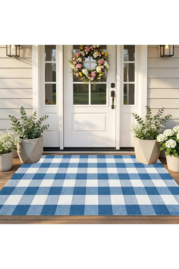 Fall Outdoor Rug,Washable Cotton Halloween Front Door Rug,Farmhouse Buffalo Plaid Layering Rugs,Reversible Fall Door Mat for Entryway,Halloween Front Porch Decor