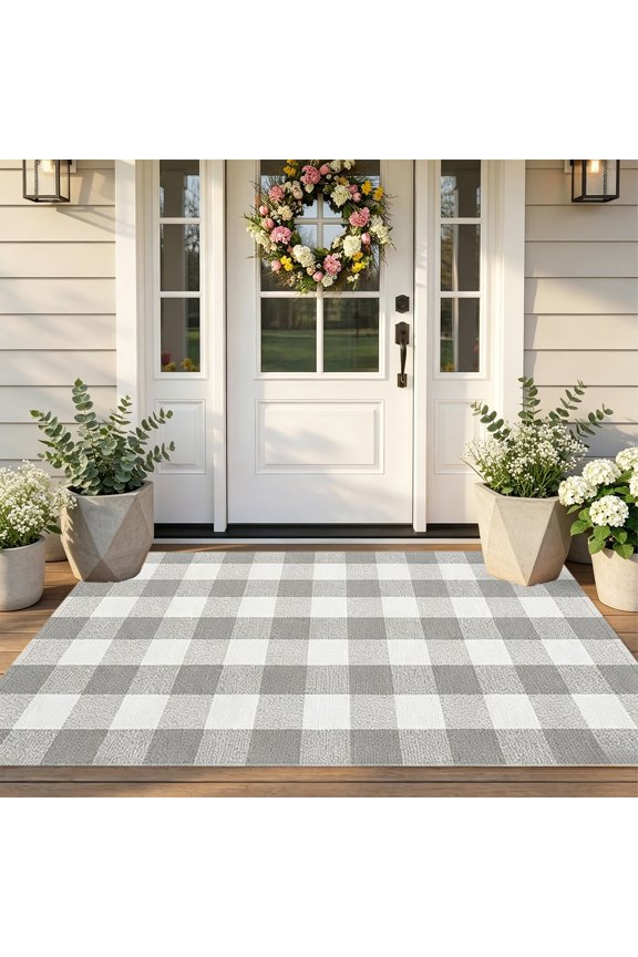 Fall Outdoor Rug,Washable Cotton Halloween Front Door Rug,Farmhouse Buffalo Plaid Layering Rugs,Reversible Fall Door Mat for Entryway,Halloween Front Porch Decor