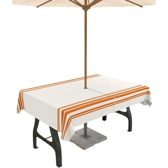Fall Outdoor Tablecloth with Umbrella Hole, Farmhouse Orange Stripe Rectangle Tables Zippered Table Cloth Waterproof Tabletop Table Cover Collection for Patio, Garden, Picnic, Camping, Dining