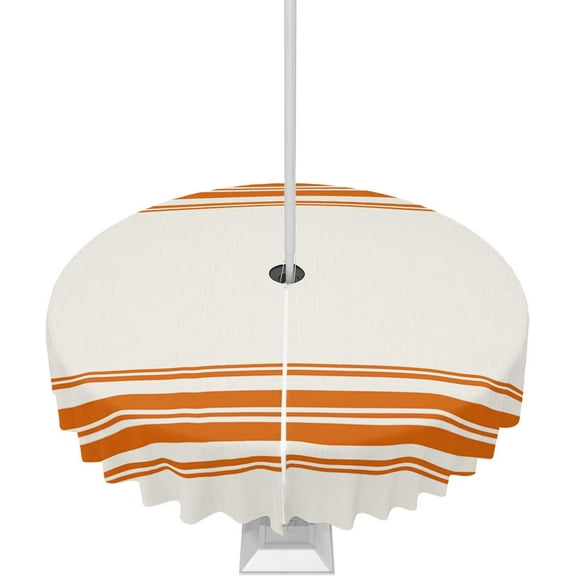 Fall Outdoor Tablecloth with Umbrella Hole, Farmhouse Orange Stripe Round Tables Zippered Table Cloth Waterproof Tabletop Table Cover Collection for Patio, Garden, Picnic, Camping, Dining, Dining