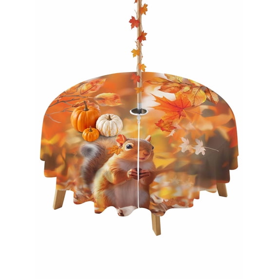 Round Rusty Table Fall Outdoor Tablecloth with Umbrella Hole and Zipper Squirrel Maple ...