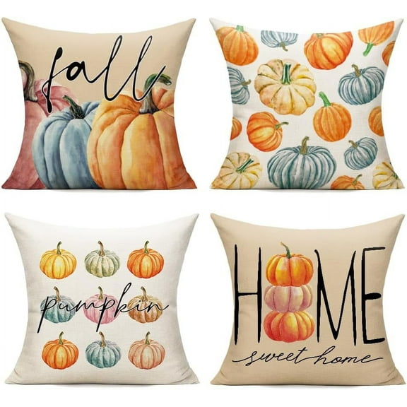 Fall Outdoor Throw Pillow Covers 18x18 Set of 4 Colorful Pumpkin Décor Autumn Thanksgiving Halloween Orange Decorative Cushion Cases Home Decorations for Couch Sofa Living Room Farmhouse