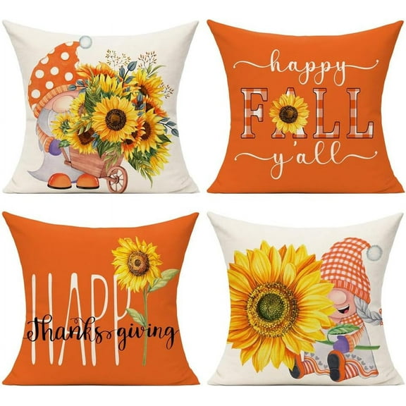 Fall Outdoor Throw Pillow Covers 18x18 Set of 4 Thanksgiving Orange Sunflower Autumn Decorative Cushion Cases Decorations Home Décor for Patio Couch Chair Sofa, Gnomes