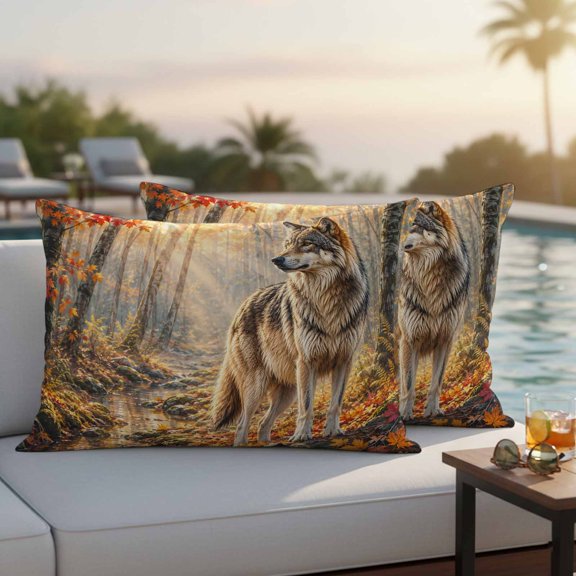 Fall Outdoor Throw Pillow Covers Set of 2, Timber Wolf Orange Maple Leaves Forest Creek Sunbeam Rustic Waterproof Pillow Covers Protectors with Hidden Zipper for Garden Couch Bench 20x12in