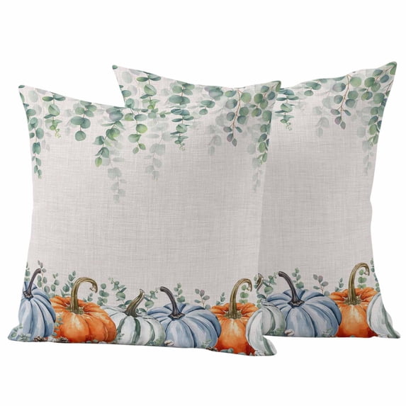 Fall Outdoor Waterproof Pillow Covers, Orange Blue Pumpkins Thanksgiving Green Eucalyptus Leaf Decorative Square Throw Pillowcase Sofa Cushion Sham for Patio/Couch/Chair, 26"x26" 2 Pack