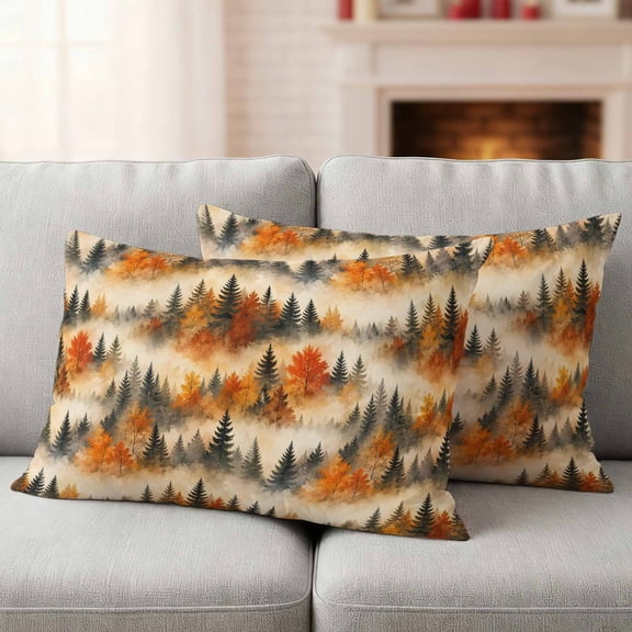 Fall Outdoor Waterproof Throw Pillow Covers 20x12 Set of 2, Autumn Country Forest Orange Green Pine Trees Decorative Pillowcases Cushion Pillowcase for Couch Sofa Patio Outside Pillow Protector