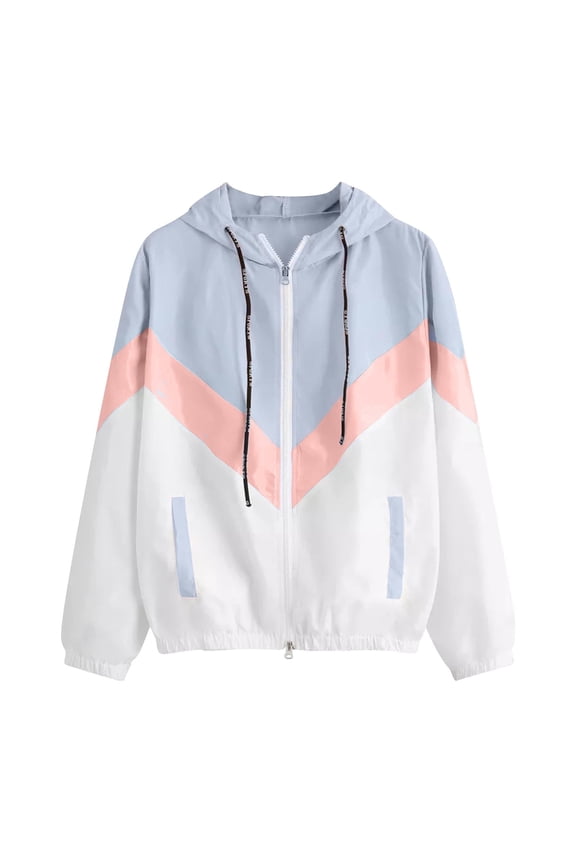 Fall Outerwear for Women New Women's Lightweight Windbreaker Jacket Color Block Zip up Oversized Outerwear Drawstring Waterproof Coats Light Blue M