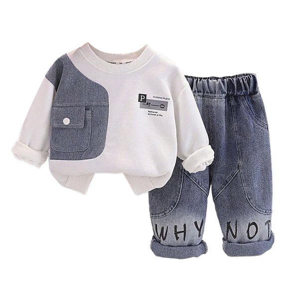 Fall Outfit Baby Boy Photo Toddler Baby Boy Fall Winter Clothes Long Sleeve Patchwork Sweatshirt Ripped Holes Jeans Set