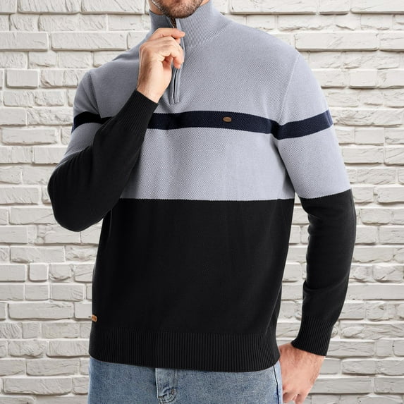 Fall Outfits Axiiglly Mens Sweater Long Sleeve Quarter Zipper Stand Neck Sweater Casual Soft Pullover Undershirts Color Block Chunky Knit Sweater Warm Slim Fit Comfy Cotton Sweater