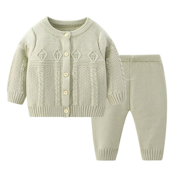 Fall Outfits for Baby Girls Children's Casual Solid Color Breasted Warm Two-Piece Set Long Sleeved Round Neck Top/Shirt Set New Casual Matching Sets Green-1 S