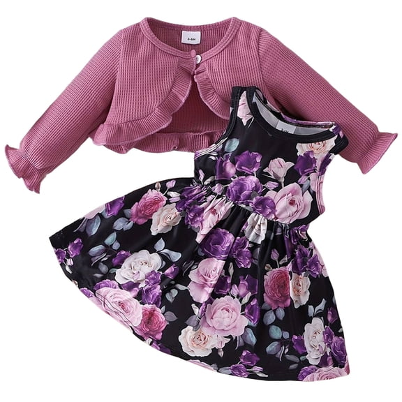 Fall Outfits For Girls Cardigan And Dress Dinosaur Floral Print Sleeveless Tank Dress Long Sleeve 2Pcs Outfits Boy Outfits Purple 12 Months-18 Months