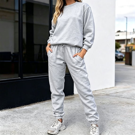 Fall Outfits For Women 2 Piece Set Long Sleeve Crew Neck Sweatshirts & Drawstring Jogger Pants Casual Daily Outfit Sets Light Gray M