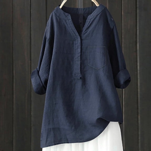 Fall Outfits For Women 2025 3/4 Sleeve Cotton Linen Shirt, Oversized V Neck Summer Vacation Top, Jute 1pc, Blue 2XL, Size S-5XL