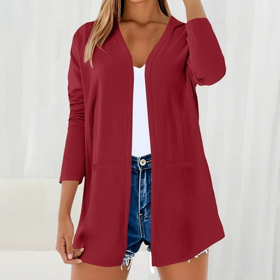 Fall Outfits For Women 2025 Casual Cotton Linen Solid Color Breathable Cardigan, Button Down, Daily & Outdoor Wear 1PC, Red XL, Size S-2XL