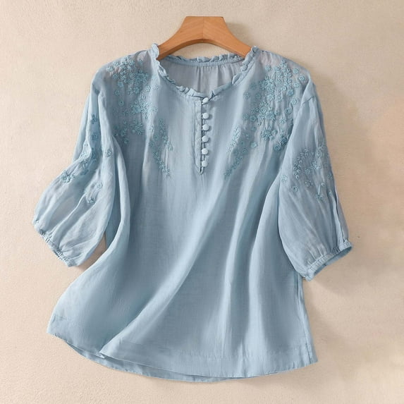 Fall Outfits For Women 2025 Cotton Linen Button Short Sleeve Top, Summer Loose Crew Neck Vintage Embroidered Blouse 1pc , Blue L, Size M-2XL