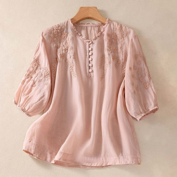 Fall Outfits For Women 2025 Cotton Linen Button Short Sleeve Top, Summer Loose Crew Neck Vintage Embroidered Blouse 1pc , Pink L, Size M-2XL