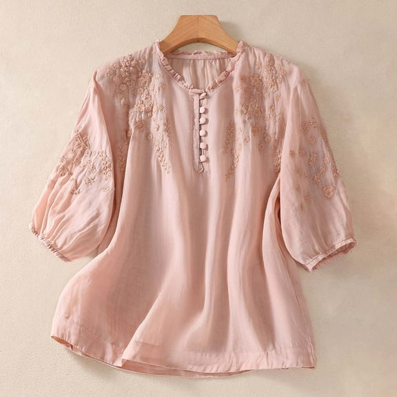 Fall Outfits For Women 2025 Cotton Linen Button Short Sleeve Top, Summer Loose Crew Neck Vintage Embroidered Blouse 1pc , Pink XL, Size M-2XL