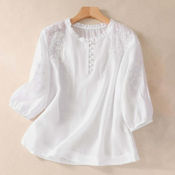 Fall Outfits For Women 2025 Cotton Linen Button Short Sleeve Top, Summer Loose Crew Neck Vintage Embroidered Blouse 1pc , White M, Size M-2XL