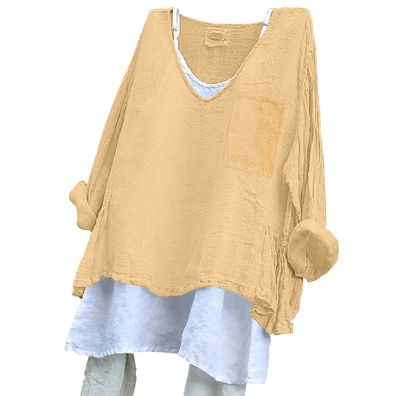 Fall Outfits For Women 2025 Solid Color Loose Plus Size Dress Shirt, Long Sleeve Cotton Linen, Button Back Design 1pc, Yellow XL, Size S-3XL