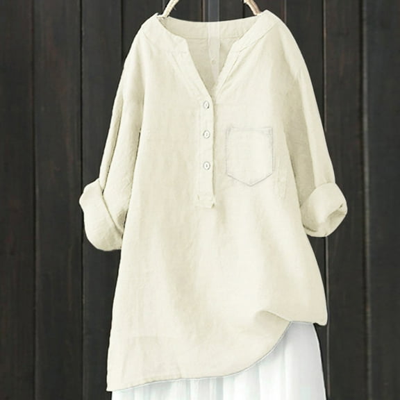 Fall Outfits For Women 2025 Solid Color Stand Up Collar Shirt, Long Sleeve Cotton Casual Top 1pc, Beige 4XL, Size S-5XL