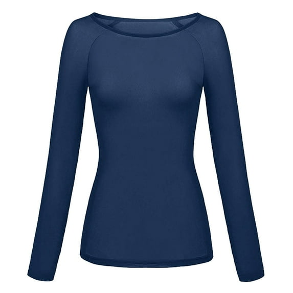 Fall Outfits For Women 2025 Solid See Through Top, Long Sleeve Seamless Arm Shaper Mesh Shirt Blouse, Blue S, Size S-2XL