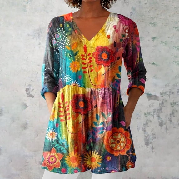 Fall Outfits For Women 2025 Summer Linen V Neck Shirt, Printed Casual Group Top, Exquisite Hemp 1pc, Multicolor XL, Size S-3XL