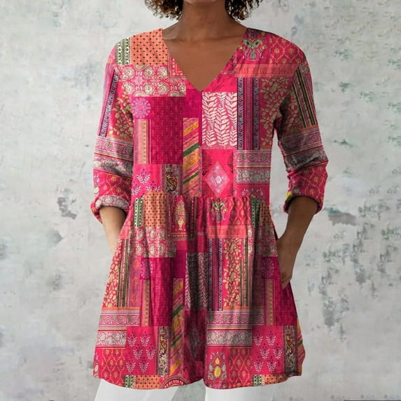 Fall Outfits For Women 2025 Summer Linen V Neck Shirt, Printed Casual Group Top, Exquisite Hemp 1pc, Pink XL, Size S-3XL