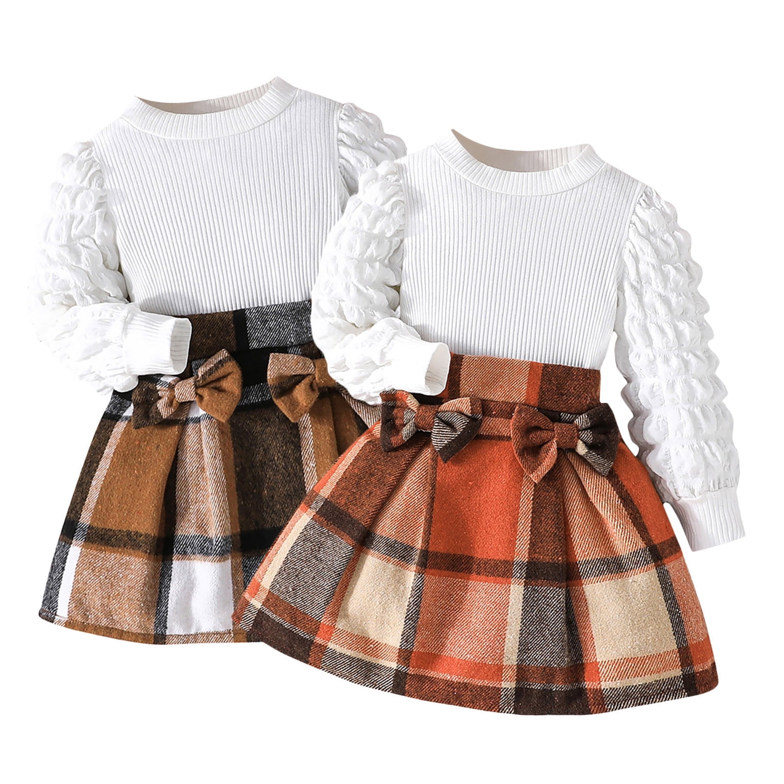 Fall Outfits Girls Bubble Long Sleeve Top Plaid Printed Bow Skirt 2 Piece Set Leisure Wear Winter Clothes Baby Girl Orange 2,3,4,5,6,7 Years-3,4,5,6,7,8 Years
