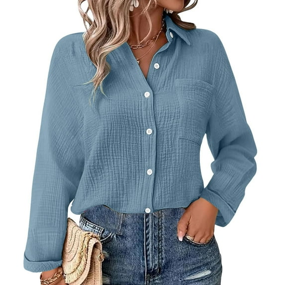 Fall Outfits For Women 2025 Spring Summer Solid Color Cotton Linen Pleated Belt Pocket Loose Casual Long Sleeved Shirt, Daily Wear 1PC, Blue 5XL, Size 3XL-5XL