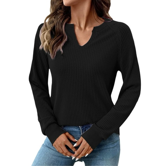 Fall Outfits for Women 2025, Yigetop Long Sleeve Shirts for Women Trendy V Neck Fall Tops Cute Casual Loose Sweatshirt Long Sleeve Shirts for Women Black L