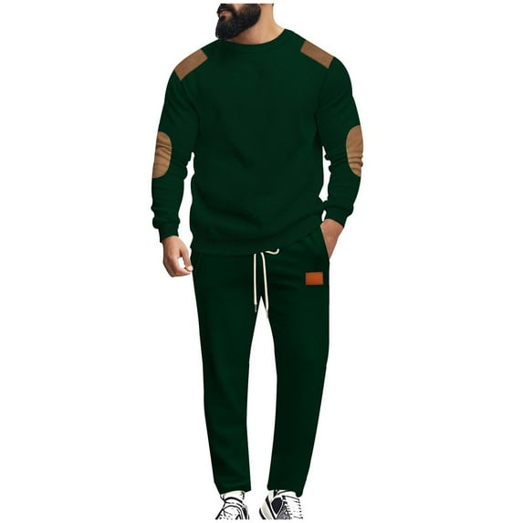 Fall Outfits for Men 2 Piece Sets Long Sleeve Patchwork Fashion Crew Neck Pullover and Joggers Pant Tracksuits (M, Army Green)