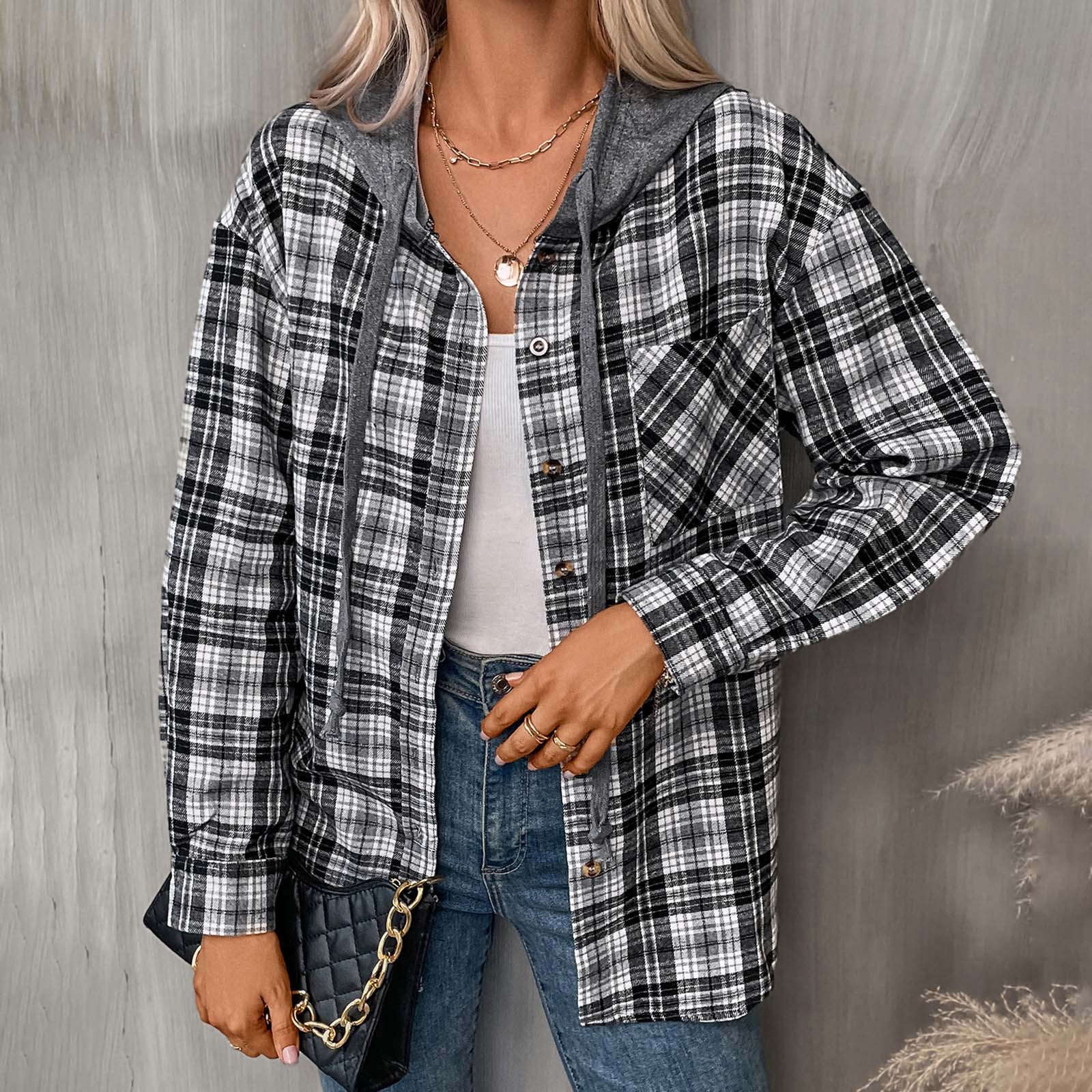 Fall Outfits for Women 2024 Lightweight Plaid Hooded Shacket Long