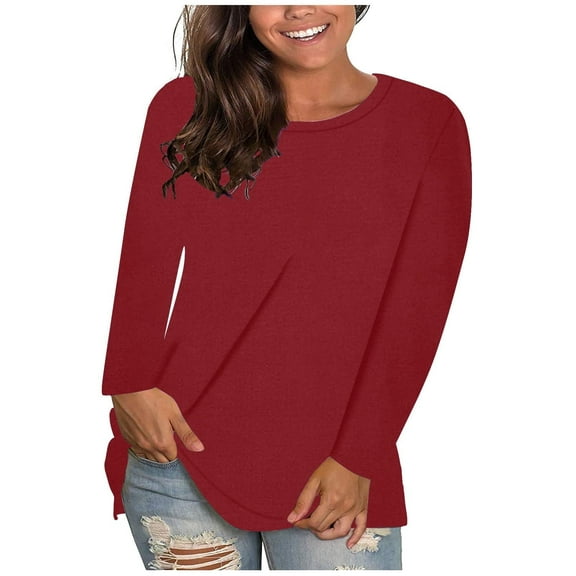 Fall Outfits for Women 2024 Sawvnm Women's Fashion Solid Loose Long Sleeve T-shirt Pullover Tops