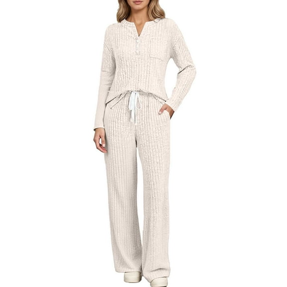 Fall Outfits for Women 2025 3 Button V Neck Knitted Sweater with Front Pocket Casual Pajamas Long Pants Sweater Lounge Sets Beige M