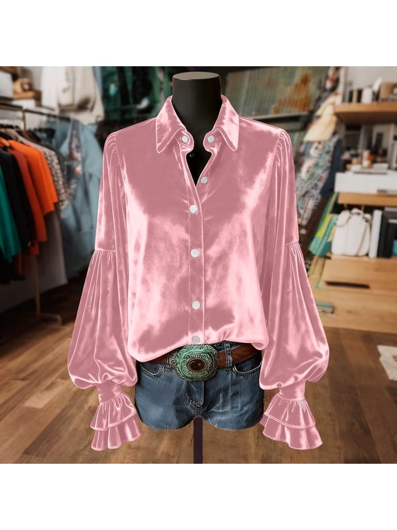 Fall Outfits for Women New Women's Gothic Style Lapel Gold Velvet Shirt Long Sleeve Loose Button Tunic Summer Blouse Style B-22 Pinky S
